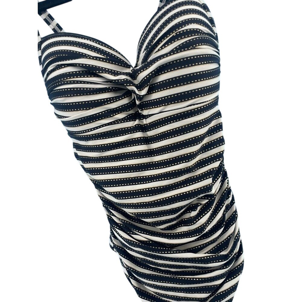Niptuck Swim One Piece Swimsuit Womens 8 Black White Gold Stripe Ruched Nautical